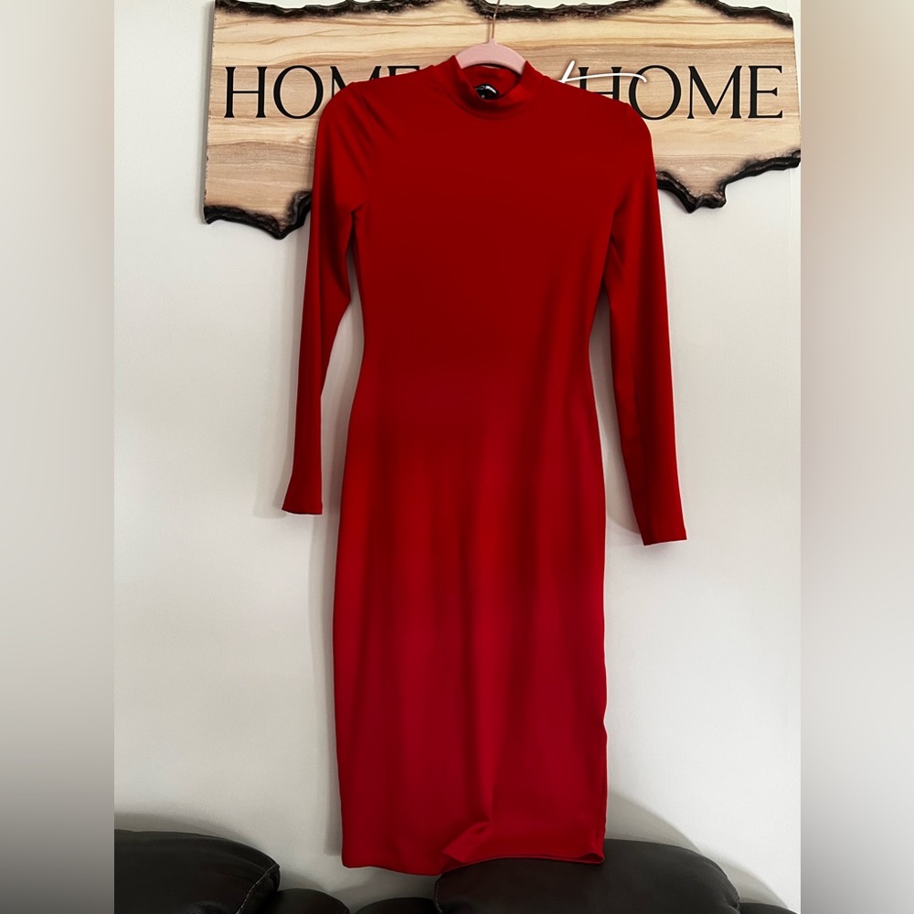 Red MIDI Turtleneck Dress